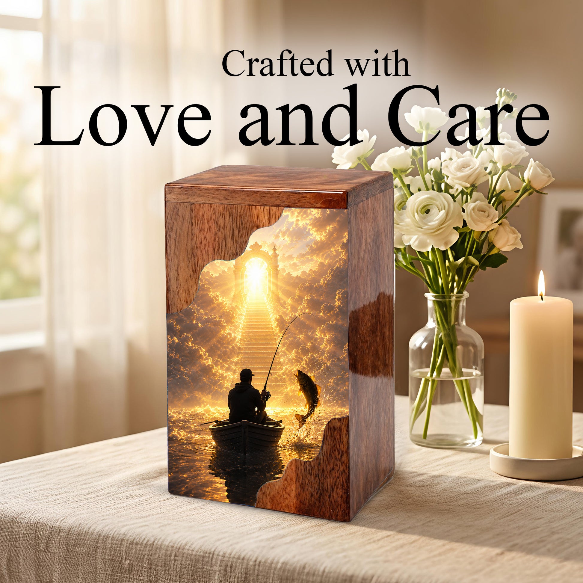 Fishing in Heaven Wooden Cremation Urn – Personalized Memorial Urn for Human Ashes