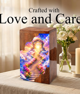 Heavenly Garden Gate Wooden Cremation Urn – Personalized Memorial Urn for Human Ashes