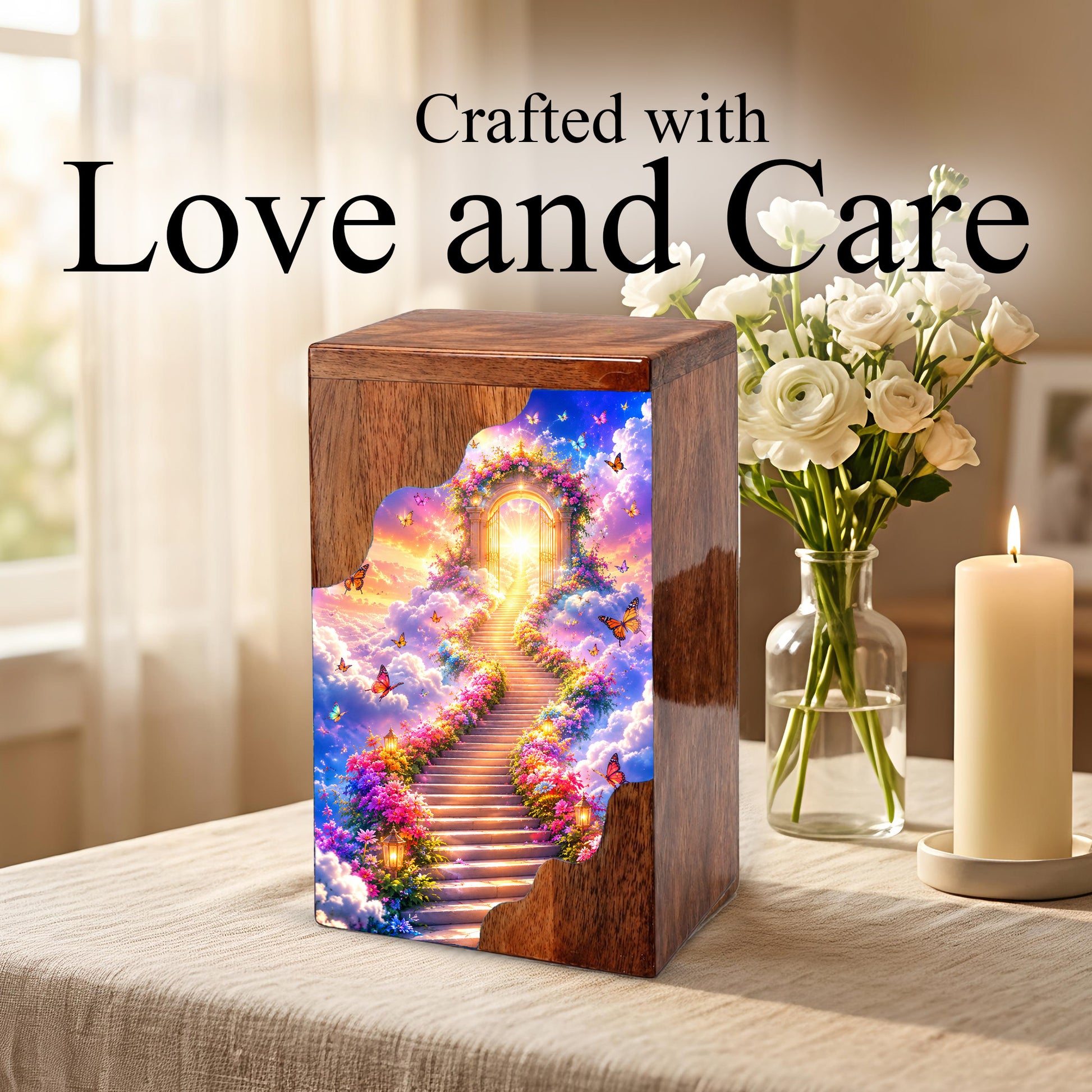 Heavenly Garden Gate Wooden Cremation Urn – Personalized Memorial Urn for Human Ashes