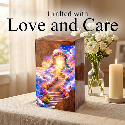 Heavenly Garden Gate Wooden Cremation Urn – Personalized Memorial Urn for Human Ashes