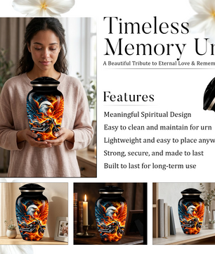 Eagle and Motorcycle Cremation Urn for Adult Ashes, Fiery Phoenix Eagle Biker Urn for Human Ashes