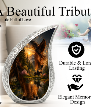 Horse Urn for Human Ashes | Adult Cremation Urn with Horse & Mountain Sunset