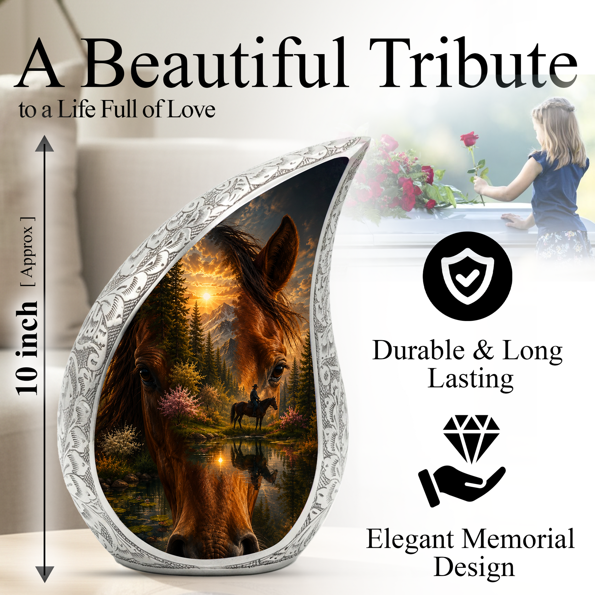Horse Urn for Human Ashes | Adult Cremation Urn with Horse & Mountain Sunset