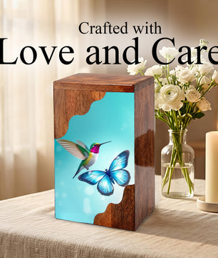 Hummingbird & Blue Butterfly Wooden Cremation Urn – Symbolic Memorial Wooden Urn for Human Ashes
