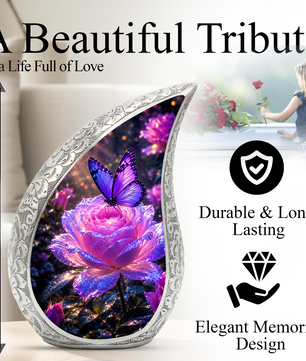 Flower Urn for Mom and Women – Blue Velvet Butterfly Keepsake Cremation Urn for Mom,