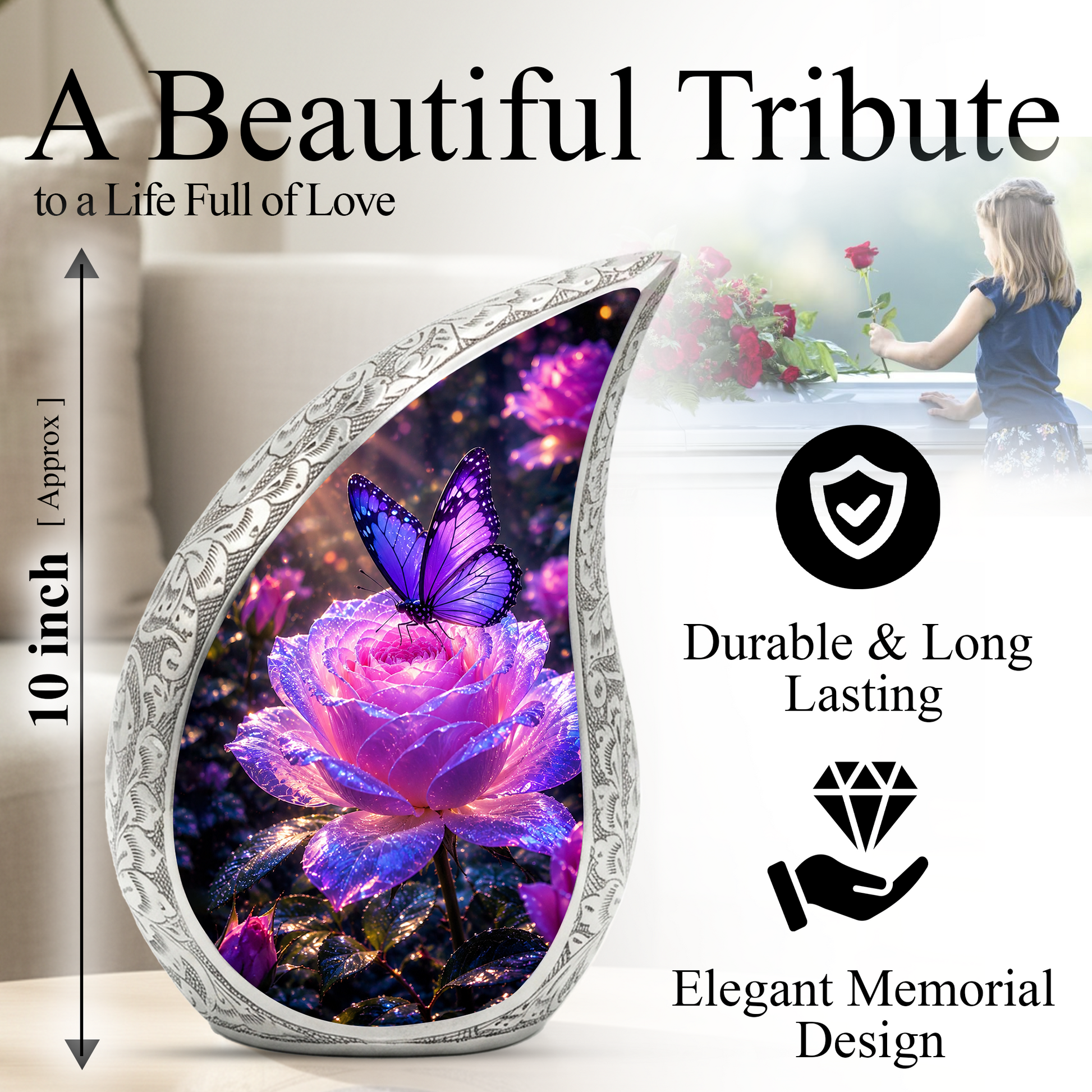Flower Urn for Mom and Women – Blue Velvet Butterfly Keepsake Cremation Urn for Mom,