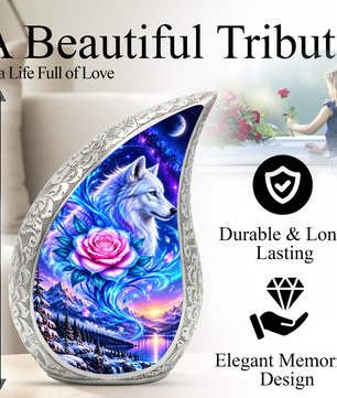 Wolf Adult Cremation Urn for Human Ashes, White Wolf and Pink Rose Memorial Urn