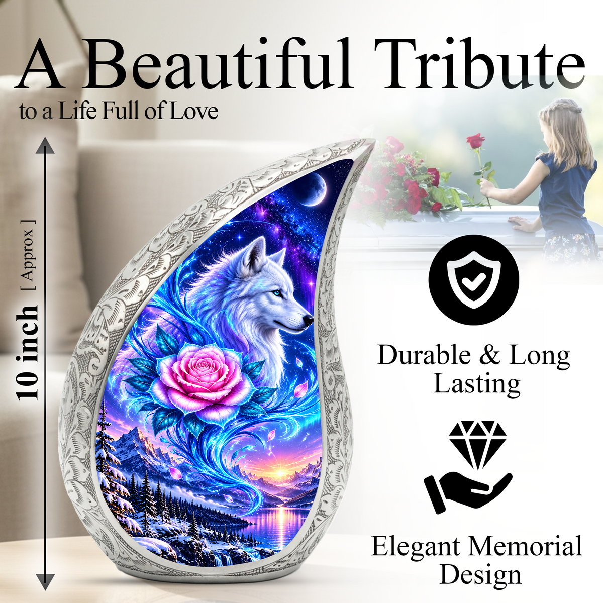 Wolf Adult Cremation Urn for Human Ashes, White Wolf and Pink Rose Memorial Urn