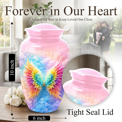Angel Wings Urn for Mom, Rainbow Memorial Large Urn,Cremation Urn for Mama
