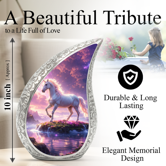 Majestic Horse Personalized Cremation Urn – Teardrop Style Aluminum Memorial Urn, 10 Inch