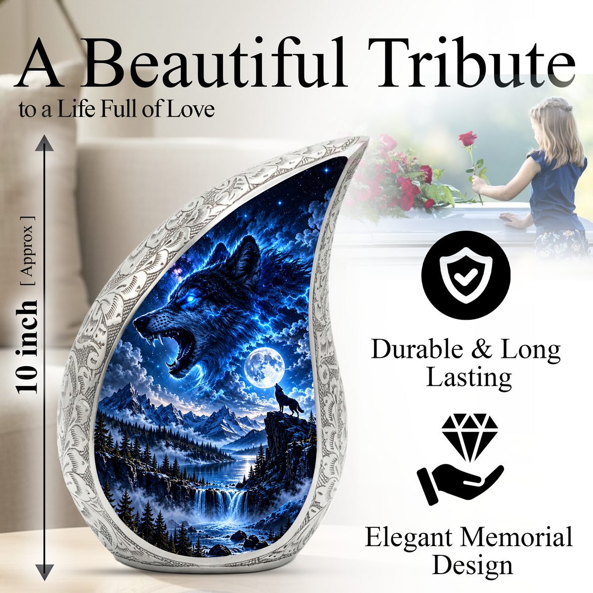 Wolf Adult Urn for Ashes, Blue Wolf Cremation Urn for Human Ashes