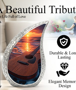 Beach Guitar Sunset Urn for Human Ashes | Adult Cremation Urn with Ocean & Guitar Memorial Design