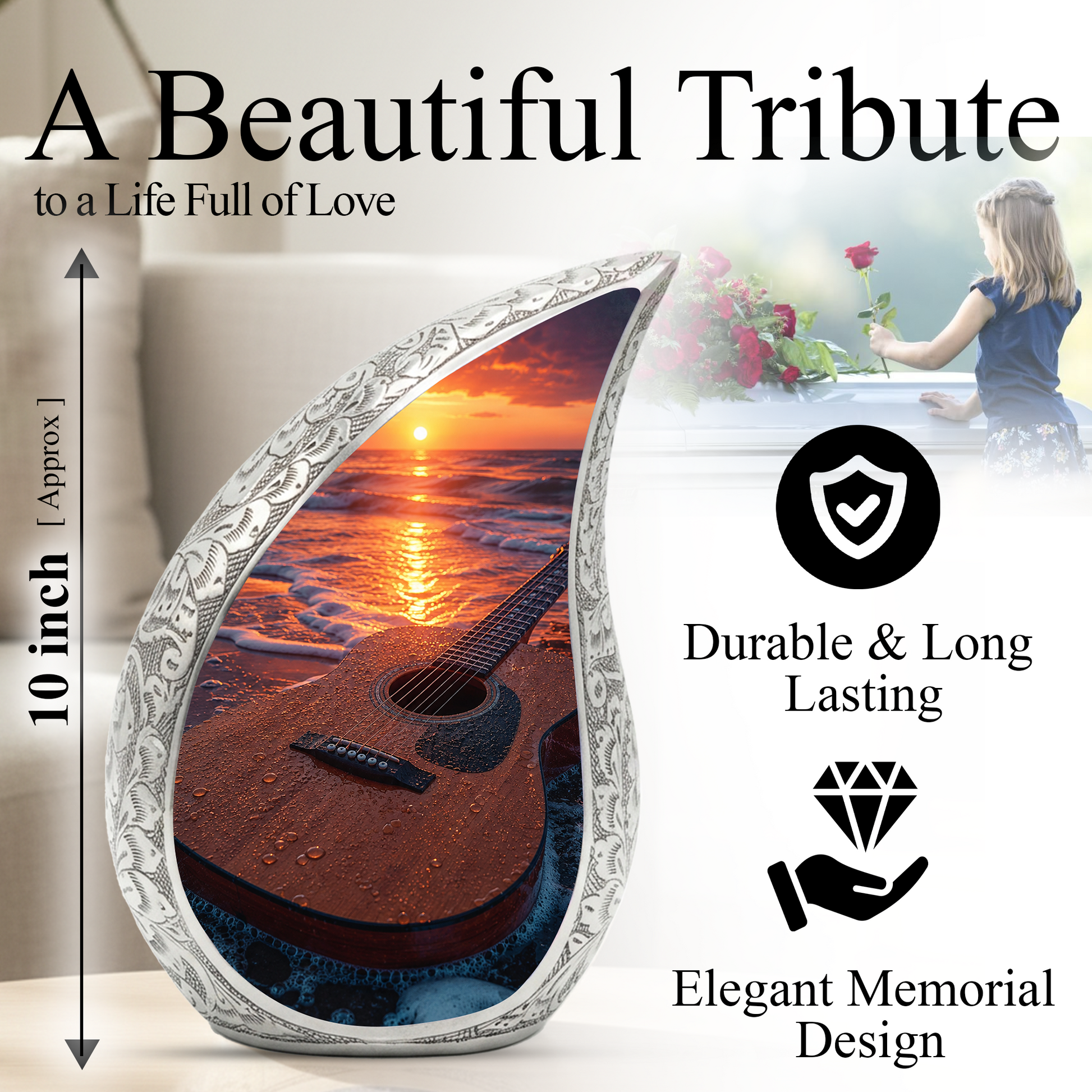 Beach Guitar Sunset Urn for Human Ashes | Adult Cremation Urn with Ocean & Guitar Memorial Design