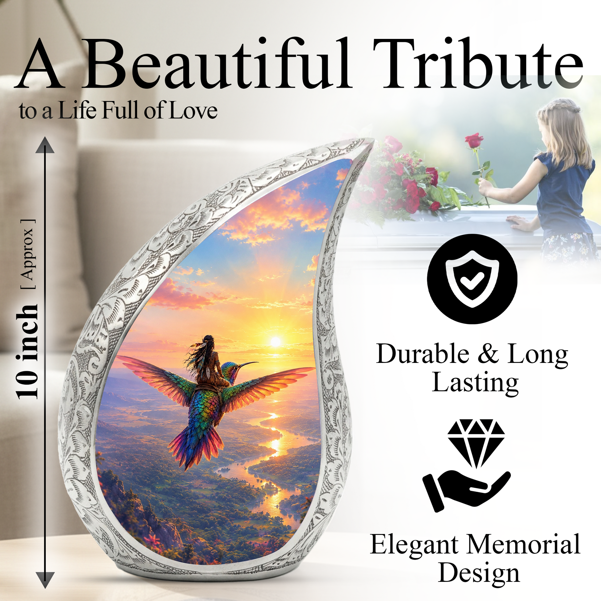 Hummingbird Urn for Human Ashes | Beautiful Adult Cremation Urn | Hummingbird Memorial Urn for Adult Ashes