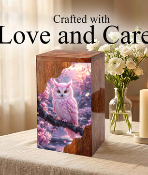 Pink Owl Wooden Cremation Urn – Cherry Blossom Memorial Urn