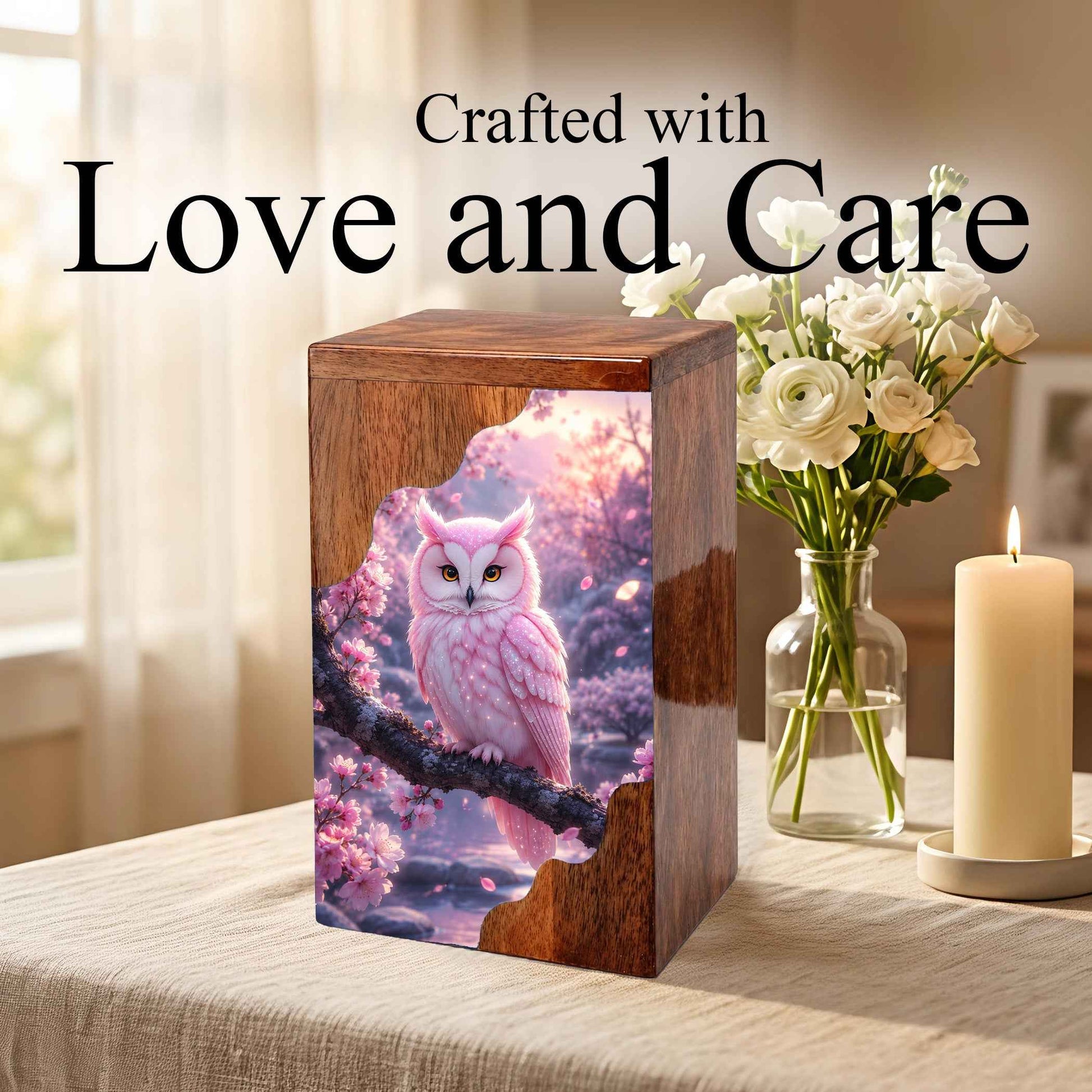 Pink Owl Wooden Cremation Urn – Cherry Blossom Memorial Urn