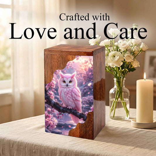 Pink Owl Wooden Cremation Urn – Cherry Blossom Memorial Urn