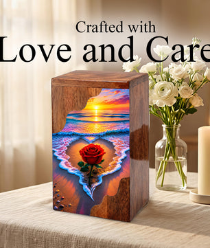 Rose Beach Wooden Cremation Urn – Sunset Ocean Memorial Urn for Human Ashes