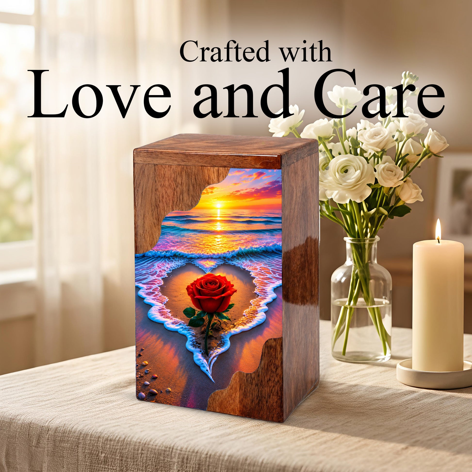 Rose Beach Wooden Cremation Urn – Sunset Ocean Memorial Urn for Human Ashes