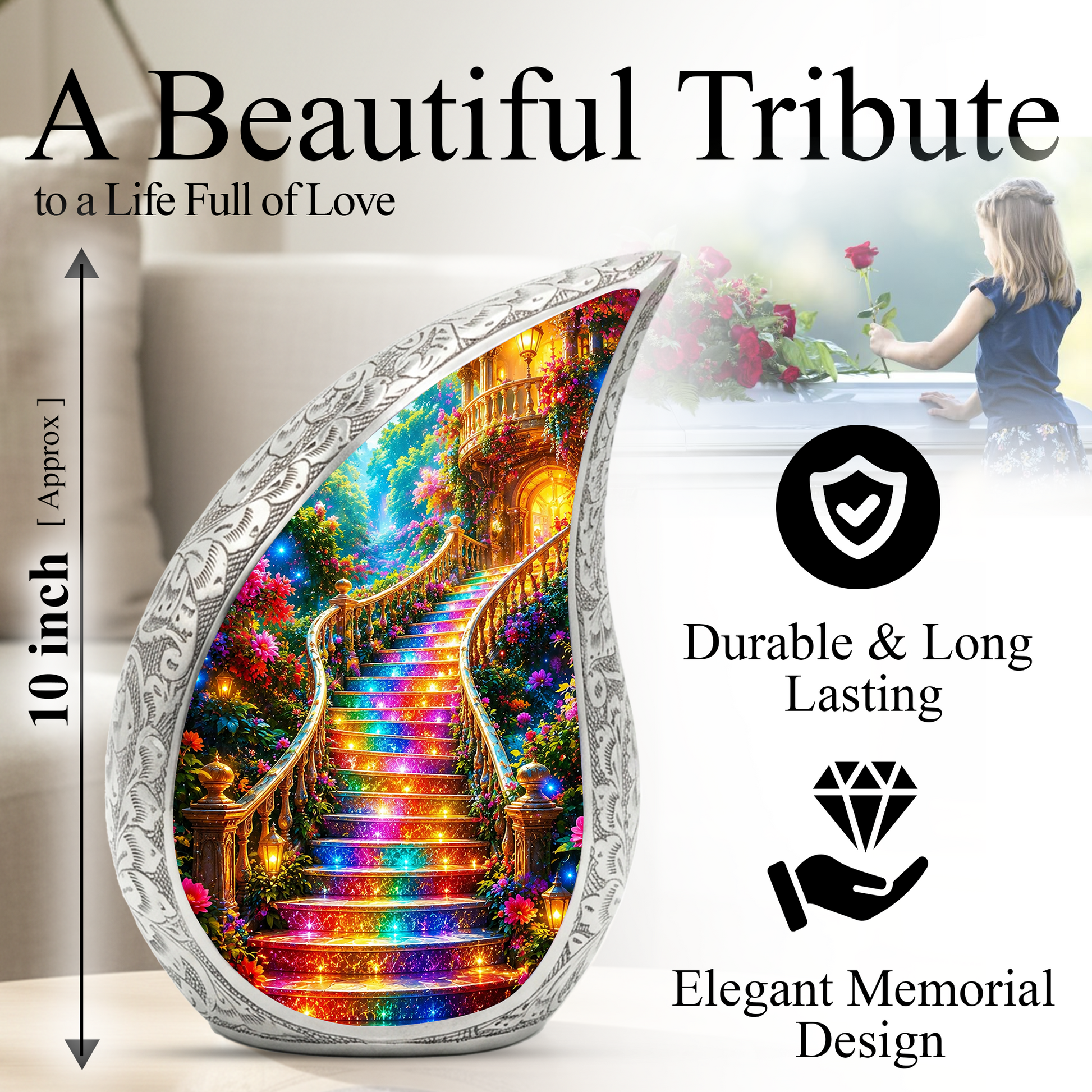Rainbow Stairway to Heaven Urn for Mom, Personalized Cremation Urn for Ashe