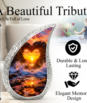 Heart Rock Ocean Sunset Memorial Urn – Personalized Cremation Urn for Human Ashes| Coastal Memorial Keepsake