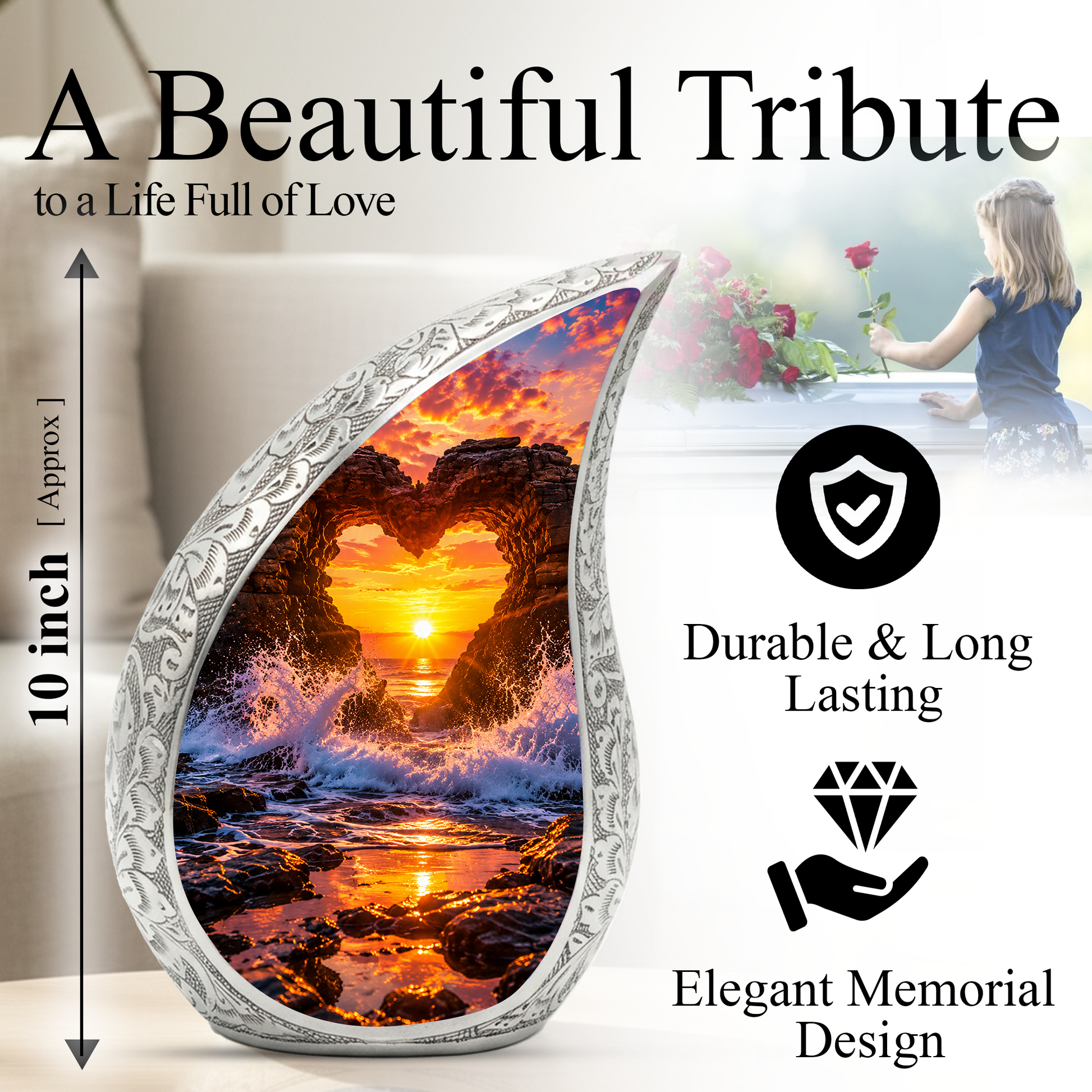 Heart Rock Ocean Sunset Memorial Urn – Personalized Cremation Urn for Human Ashes| Coastal Memorial Keepsake