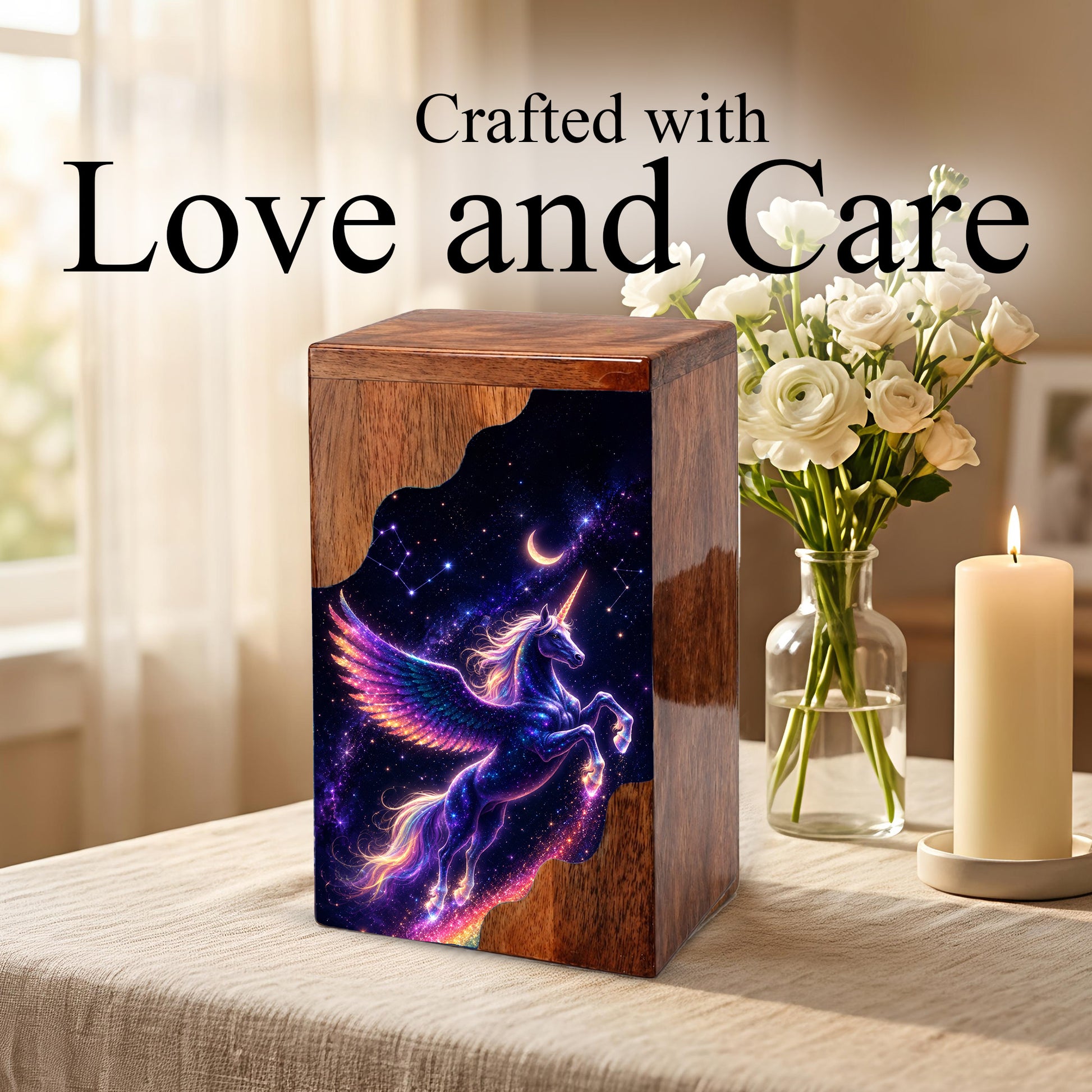 Celestial Pegasus Unicorn Wooden Cremation Urn – Personalized Memorial Urn for Human Ashes
