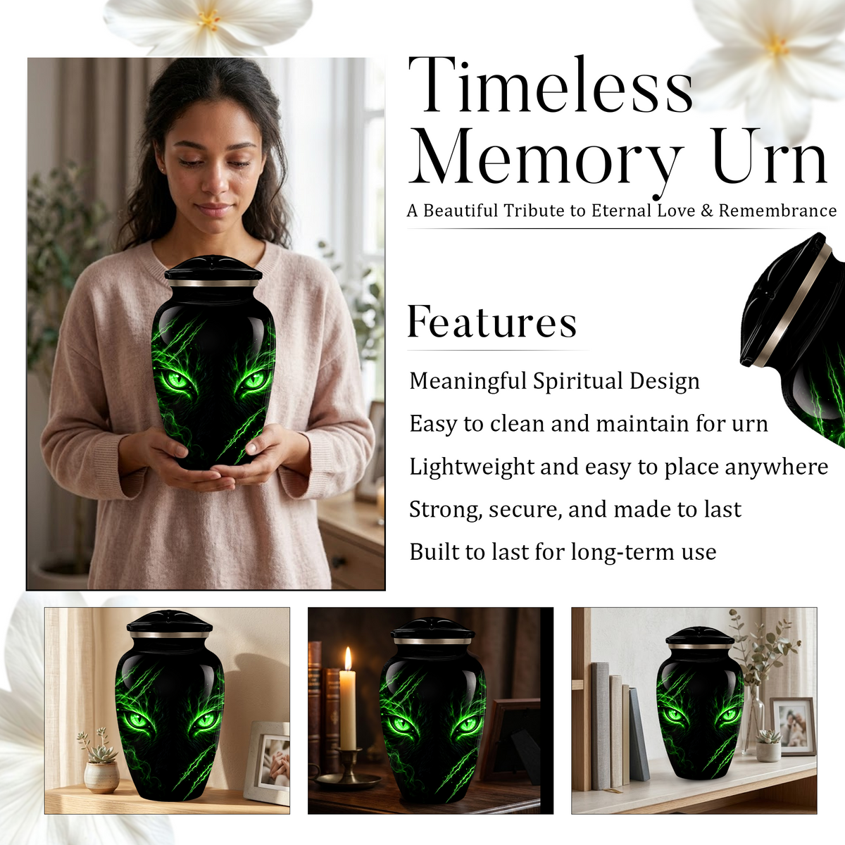 Adult Cremation Urn – Black Panther Green Eyes Memorial Urn for Adult Ashes