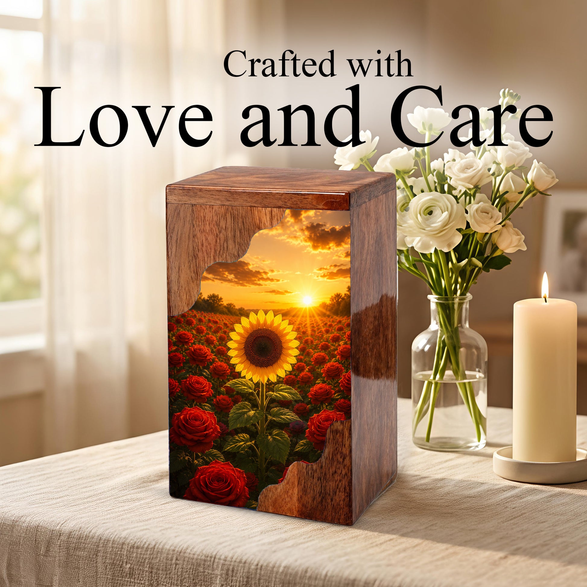 Sunflower Wooden Cremation Urn for Mom | Rose Memorial Urn for Human Ashes