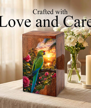 Tropical Parrot Wooden Cremation Urn – Personalized Memorial Urn for Human Ashes