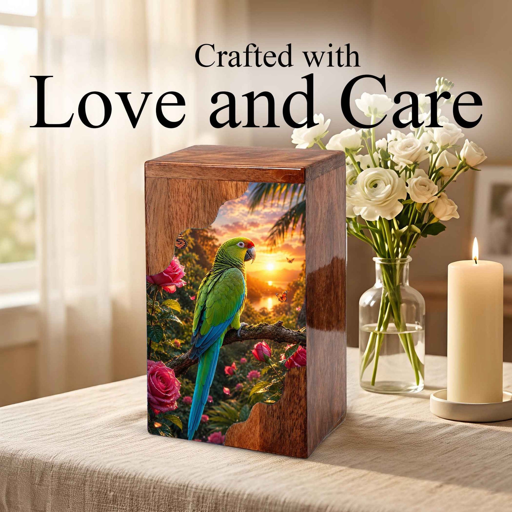Tropical Parrot Wooden Cremation Urn – Personalized Memorial Urn for Human Ashes