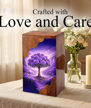 Purple Rose Tree Wooden Cremation Urn – Floral Memorial Urn with Tree of Life