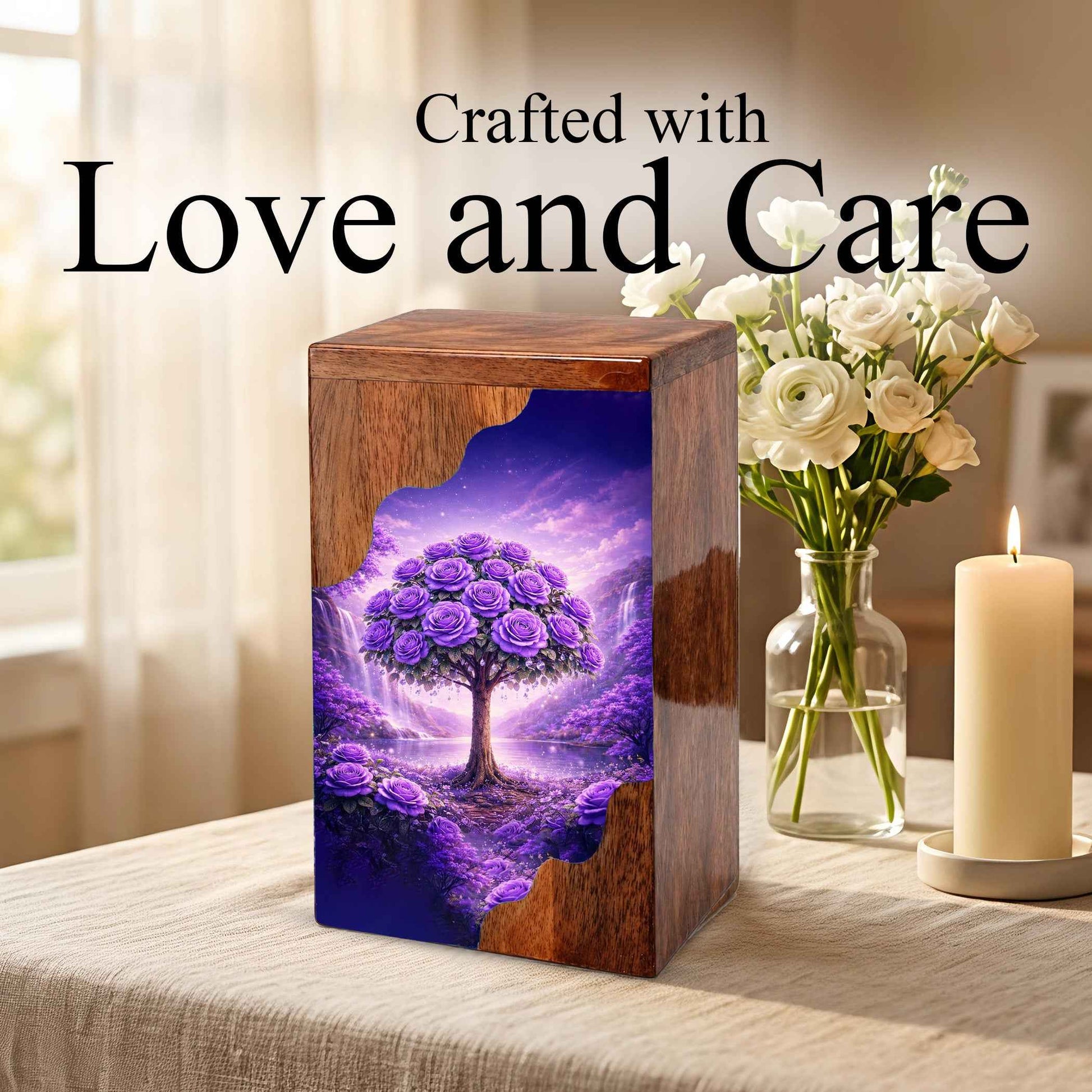 Purple Rose Tree Wooden Cremation Urn – Floral Memorial Urn with Tree of Life