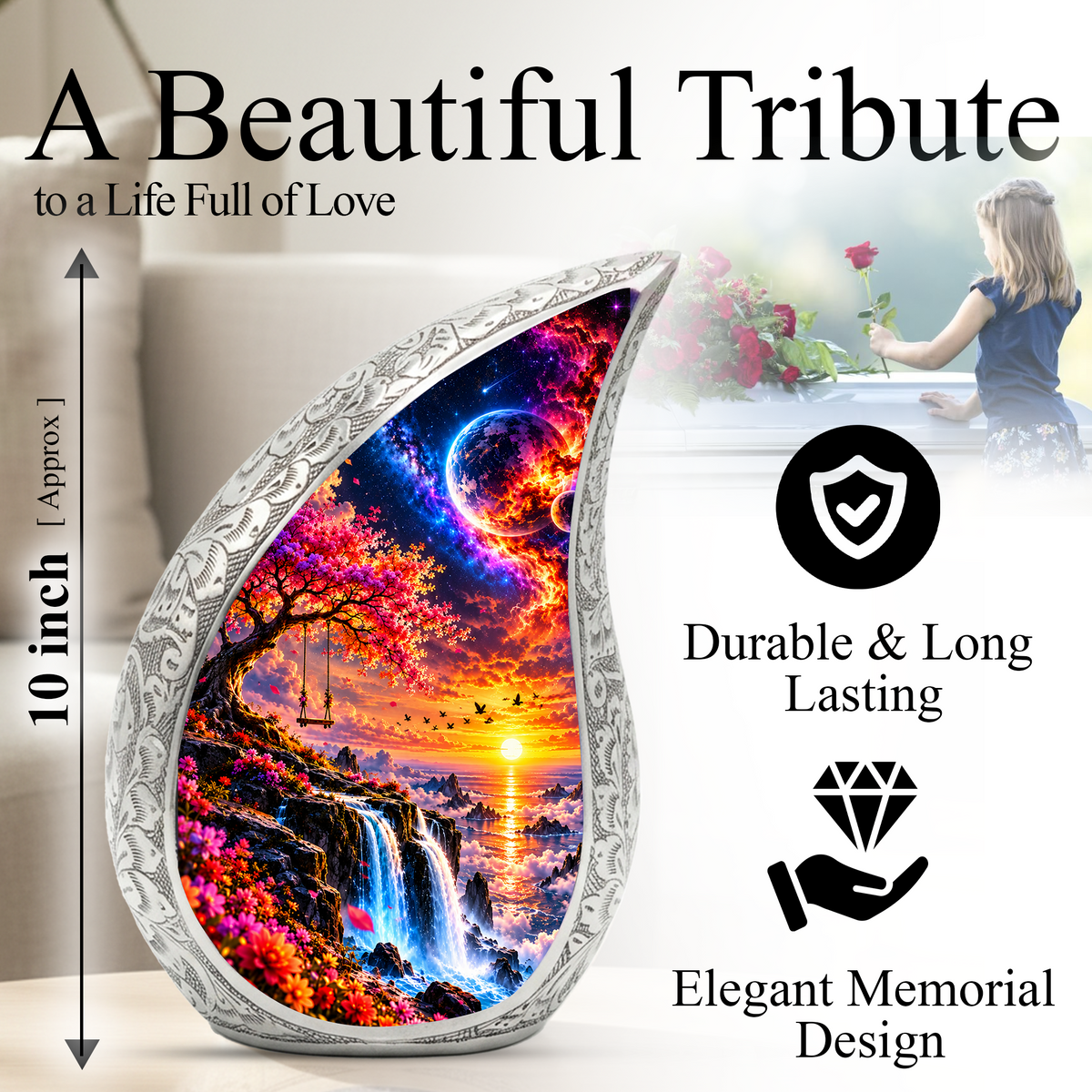 Tree of Life Cremation Urn for Ashes, Nature Memorial Urn, Sunset Waterfall Adult Urn, Tree Memorial Urn,