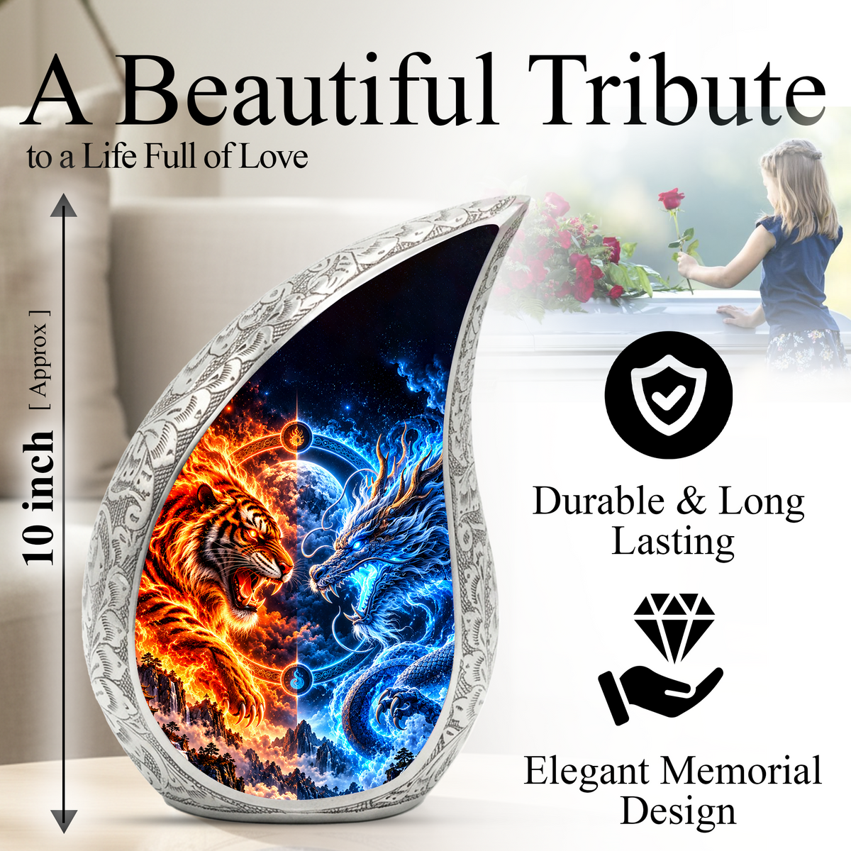 Tiger and Dragon Cremation Urn for Ashes, Fire and Ice Memorial Urn