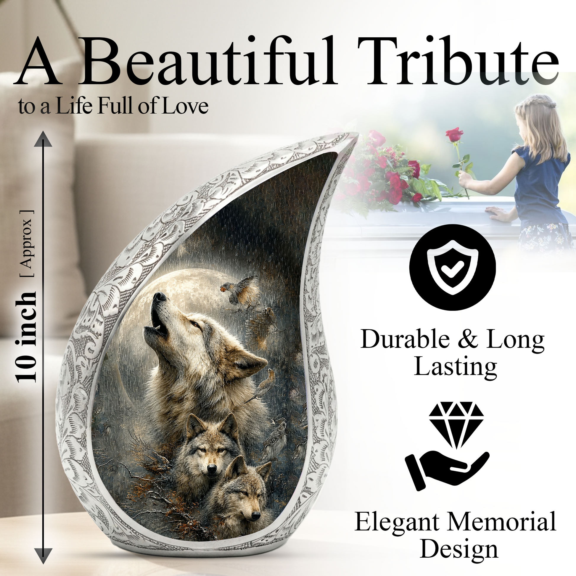 Wolf Urn for Human Ashes | Powerful Wolf Adult Cremation Urn | Wildlife Memorial Urn