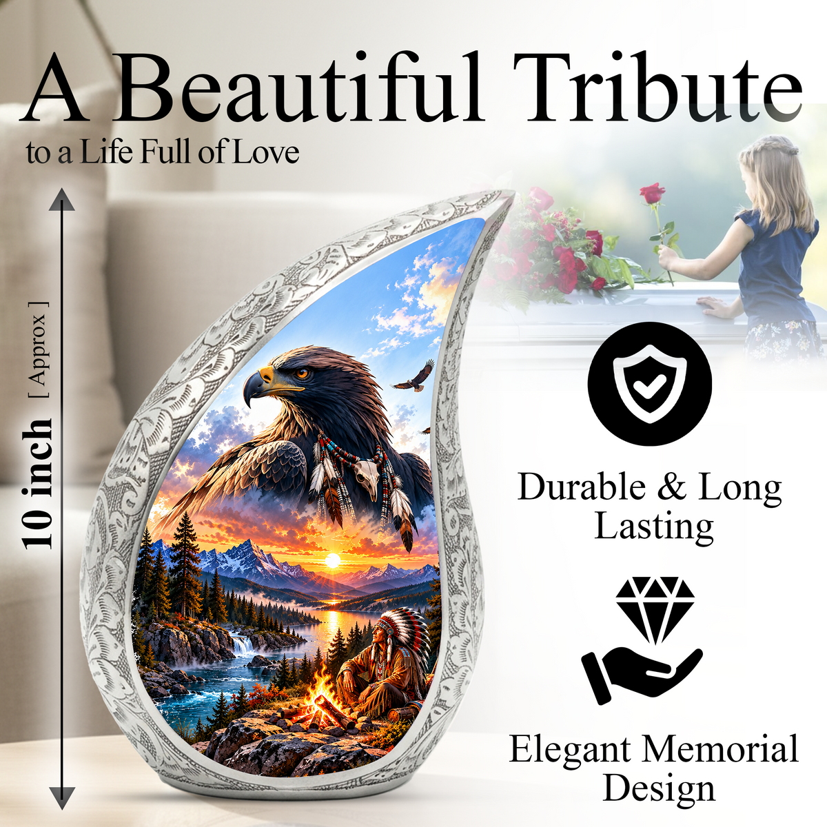 Eagle Adult Urn for Ashes, Native American Eagle Cremation Urn for Human Ashes