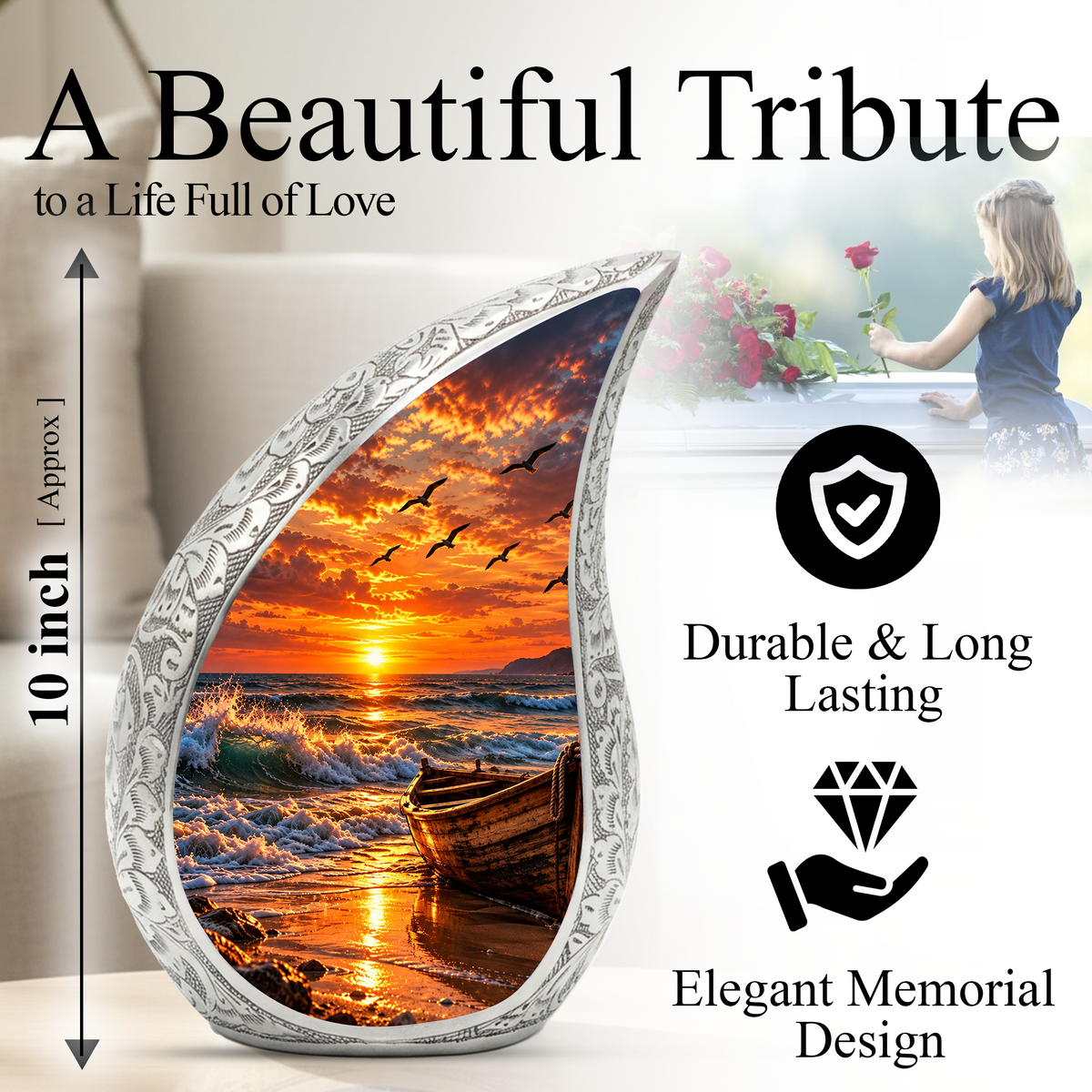 Ocean Sunset Cremation Urn for Adult Ashes, Beach Memorial keepsake Urn