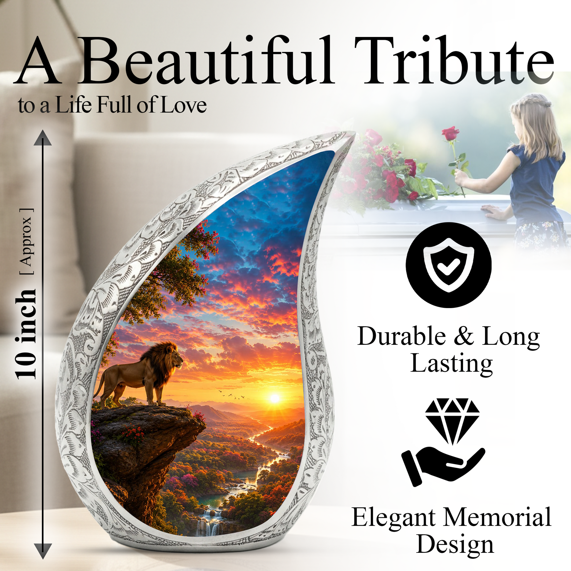 Lion Sunset Urn for Human Ashes | Adult Cremation Urn for Dad