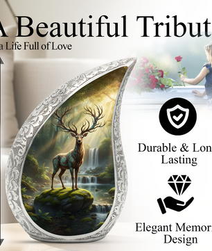 Personalized Deer Forest Memorial Urn – Teardrop Memorial Urn for Ashes | 10 Inch Aluminum Adult Urn