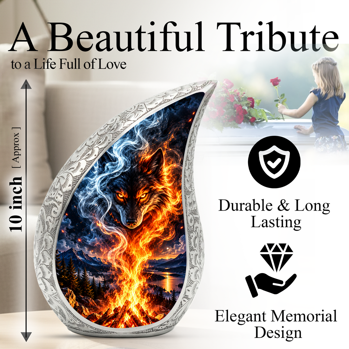 Wolf Cremation Urn for Ashes, Fire and Ice Wolf Adult Memorial Urn