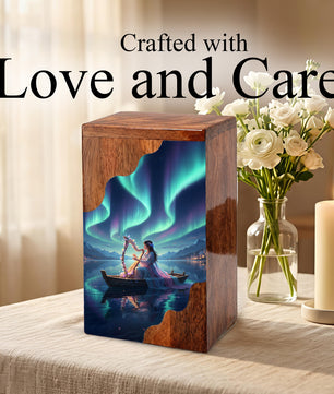 Aurora Harp Wooden Cremation Urn – Celestial Lake Memorial Wooden Urn for Human Ashes