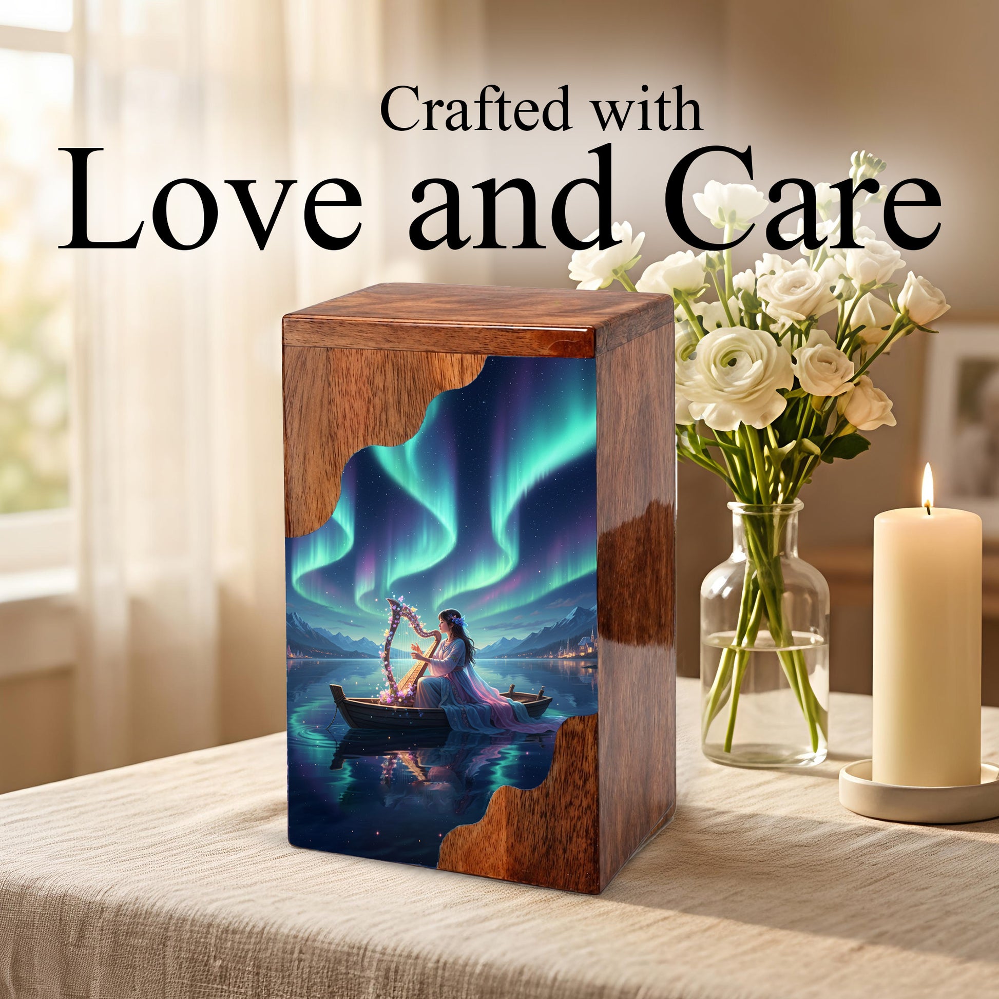 Aurora Harp Wooden Cremation Urn – Celestial Lake Memorial Wooden Urn for Human Ashes
