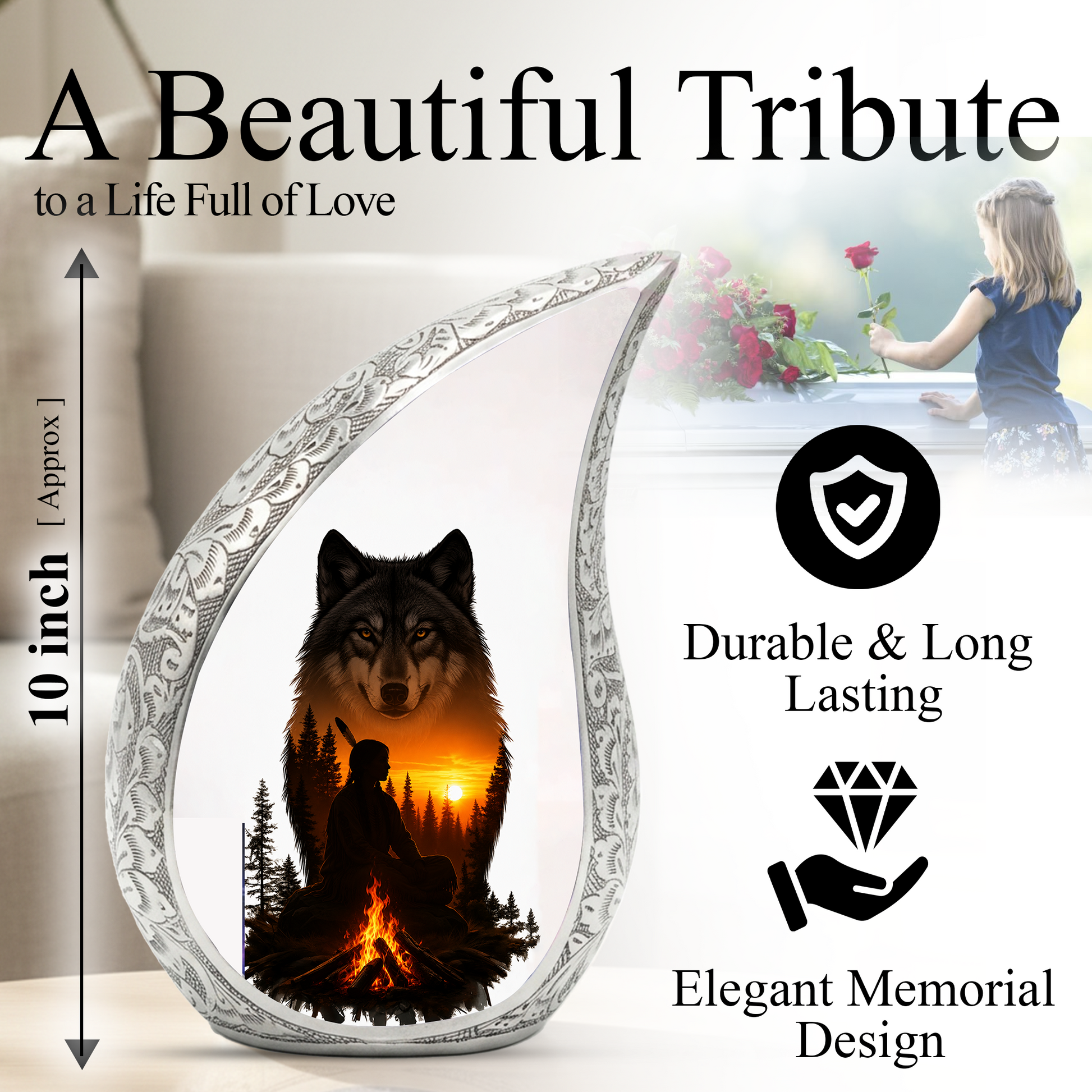 Wolf Memorial Adult Cremation Urn for Dad-Native Spirit Funeral Urn for Adult Ashes