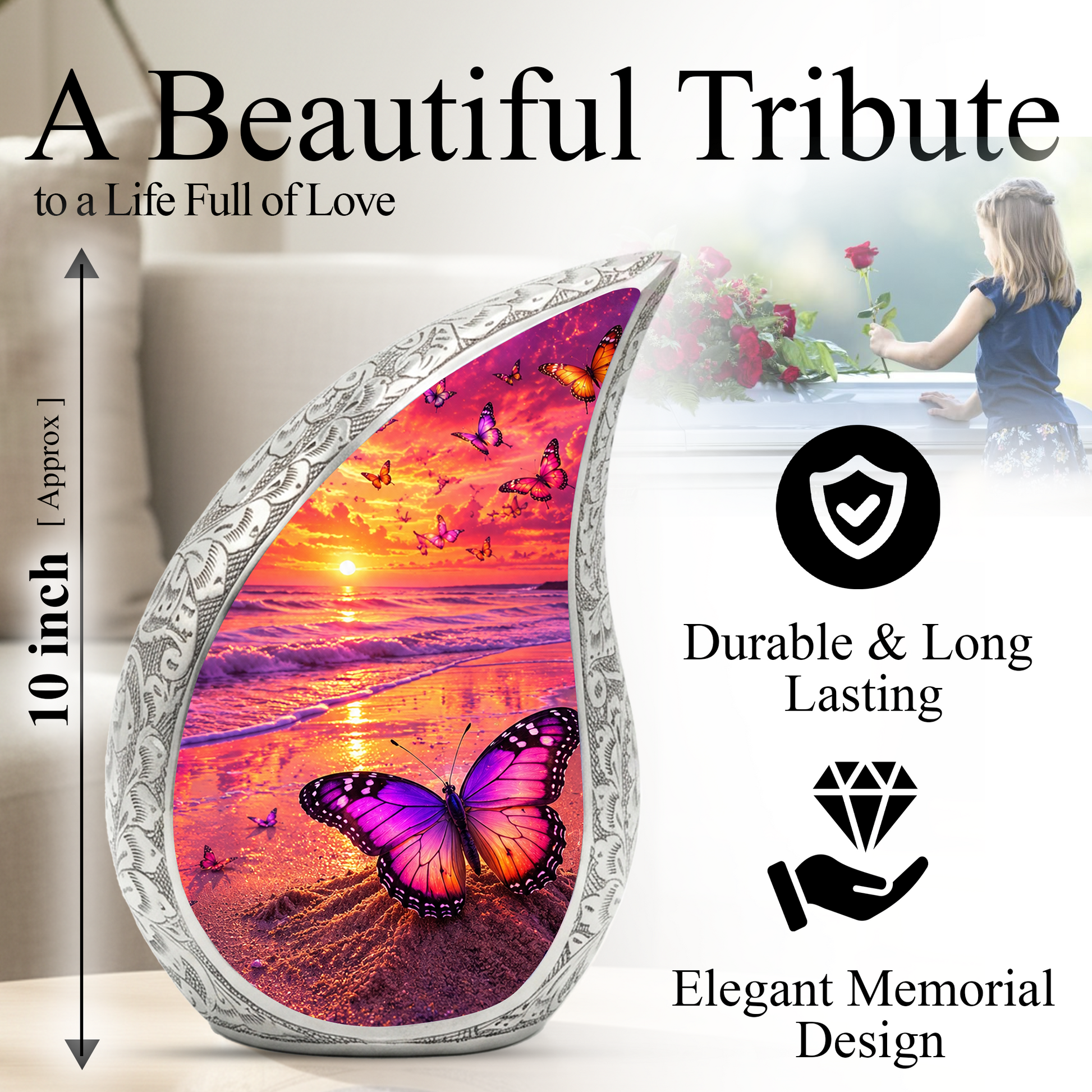 Butterfly Beach Urn for Human Ashes | Ocean Theme Adult Cremation Urn