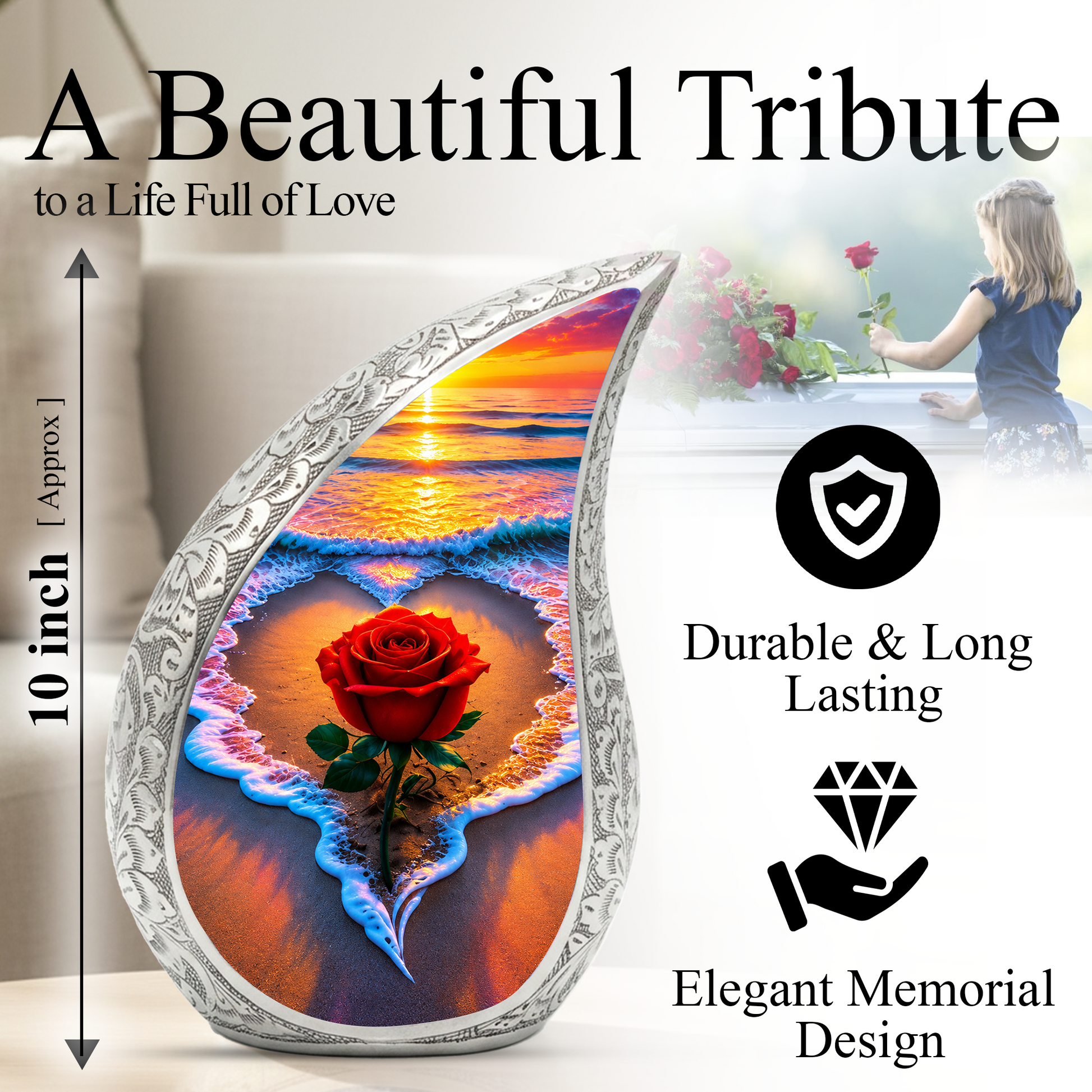 Red Rose Ocean Sunset Urn for Ashes | Beach Urn for Human Ashes, Ocean Wave Cremation Urn