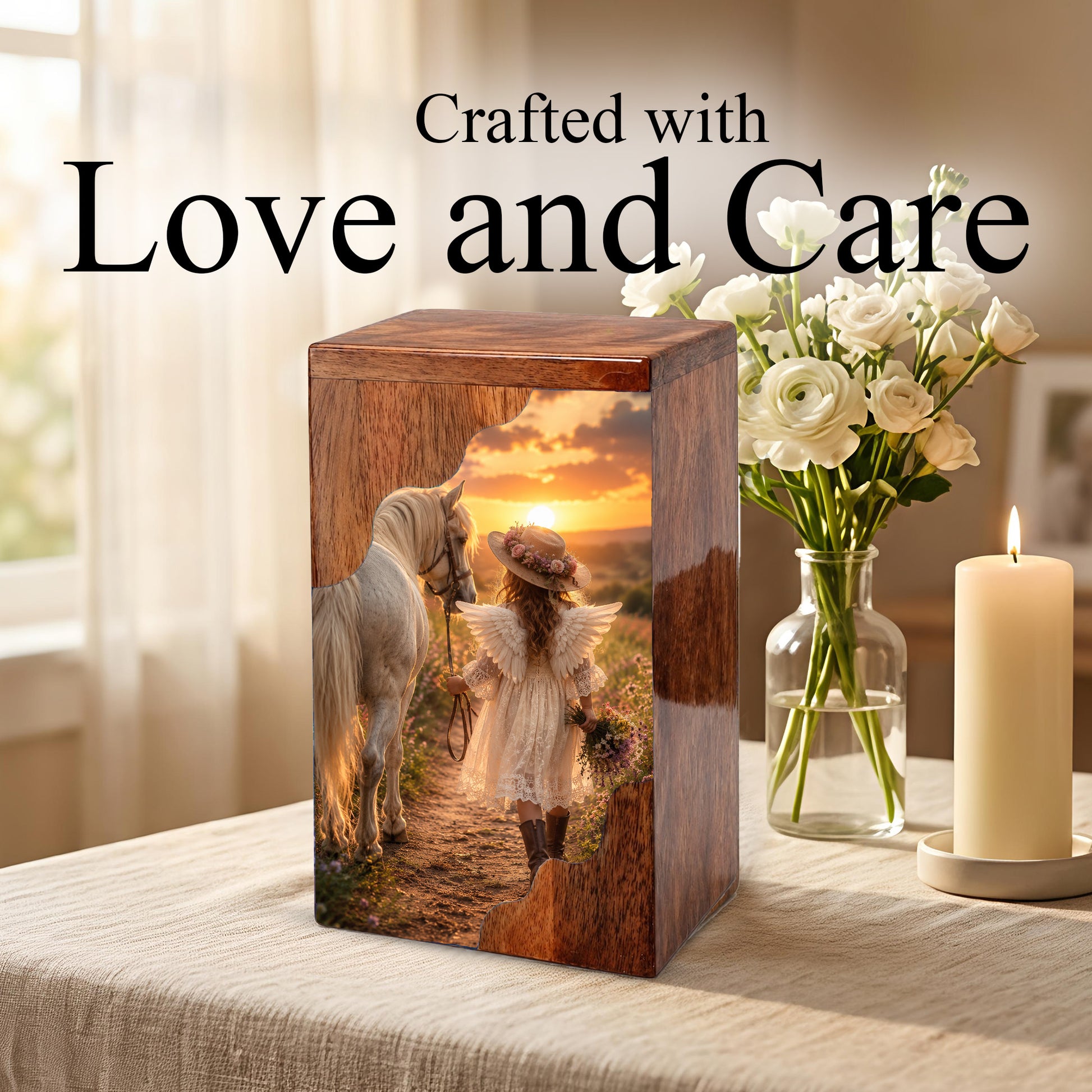 Angel Horse Wooden Cremation Urn – Memorial Urn for Human Ashes
