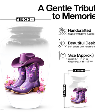 Personalized Cowgirl Cremation Urn for Mom | Purple Cowboy Boots Memorial Urn for Human Ashes