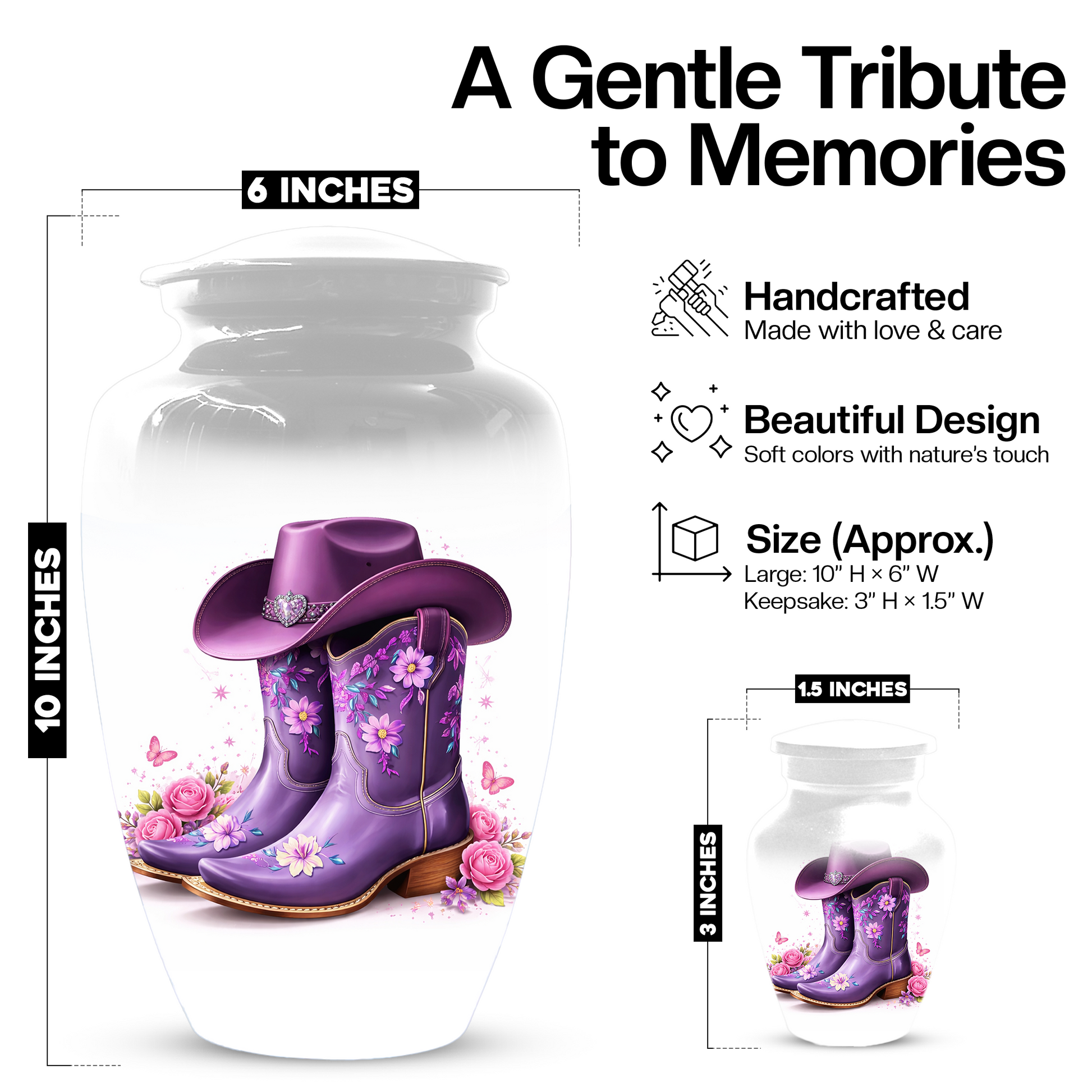 Personalized Cowgirl Cremation Urn for Mom | Purple Cowboy Boots Memorial Urn for Human Ashes