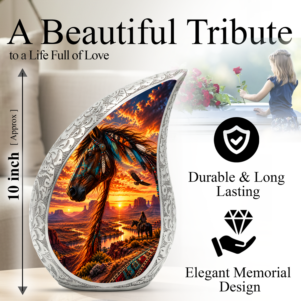 Native American Horse Cremation Urn for Ashes, Personalized Western Adult Urn, Horse Memorial Urn